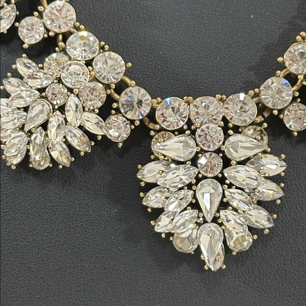 J Crew Vintage White Crystal Cluster Antique Gold Tone Statement Bib Necklace